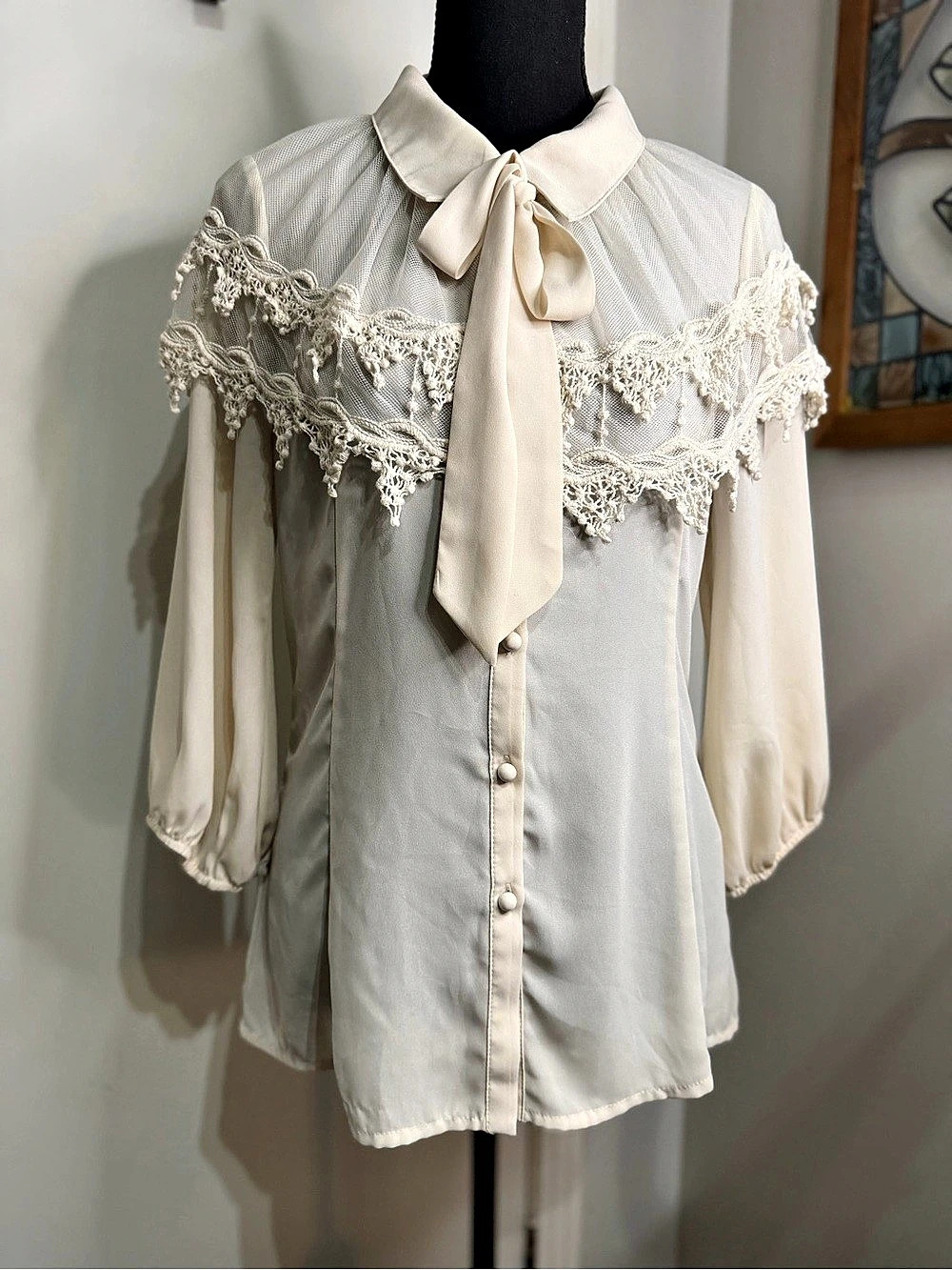 a'reve vintage inspired Lace Trim Tie Neck Blouse in White Size Medium
